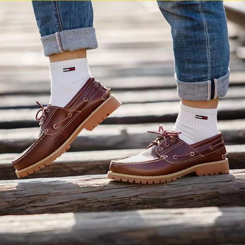 Fashion Genuine Leather Men's Loafers Soft Casual Shoes Moccasins Boat Shoes Platform Male Black Brown Lace-up Oxfords Non-slip