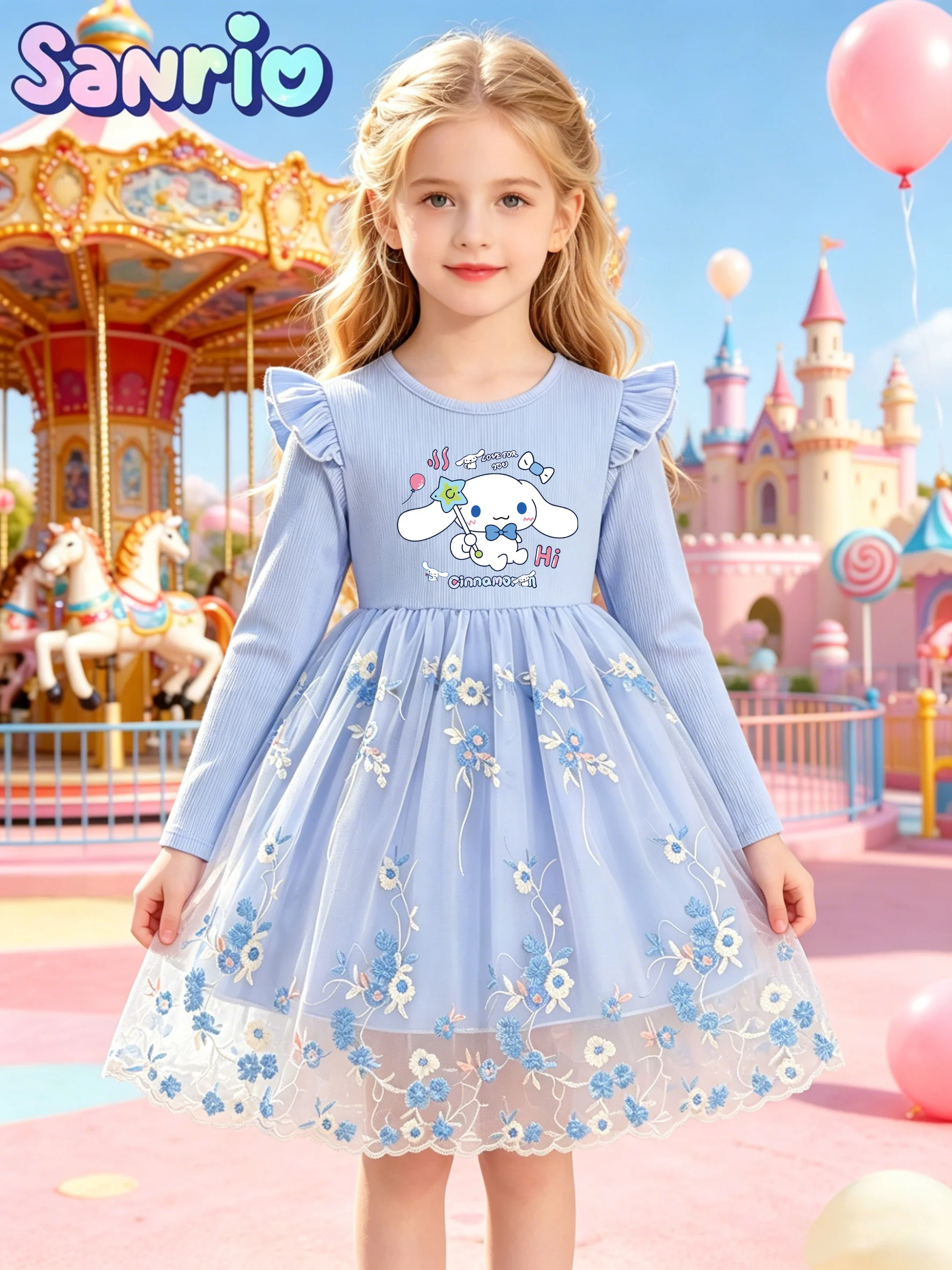 Cinnamoroll Princess Dress for Girls, Blue Long-Sleeve Tulle Puffy Gown with 3D Florals, Kids Formal Dress for Birthday Parties
