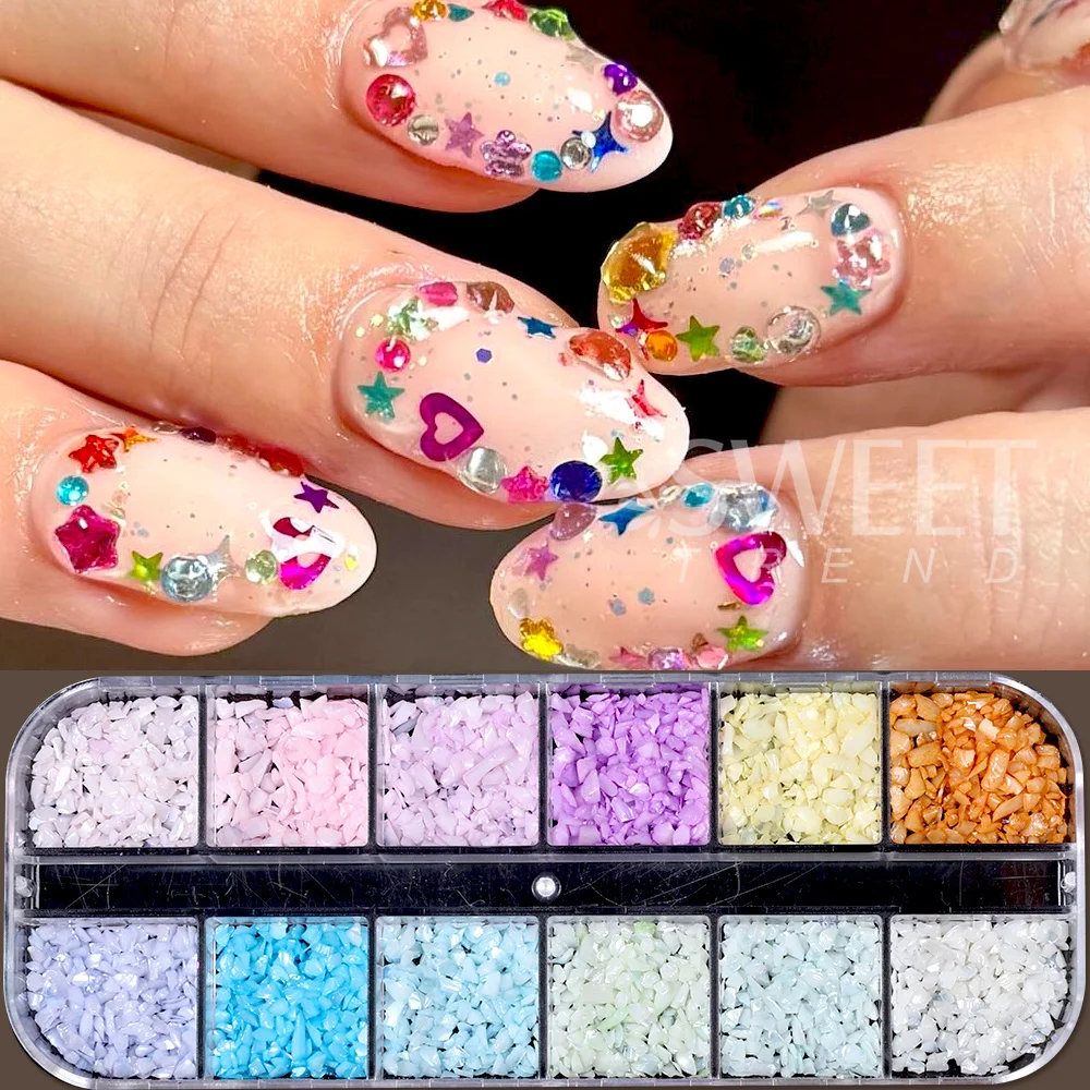 SWEET TREND-12Grids Mixed 3D Nail Rhinestone Macarons Colored Broken Diamond Nail Gems Charms Jewelry Parts DIY Manicure Decor
