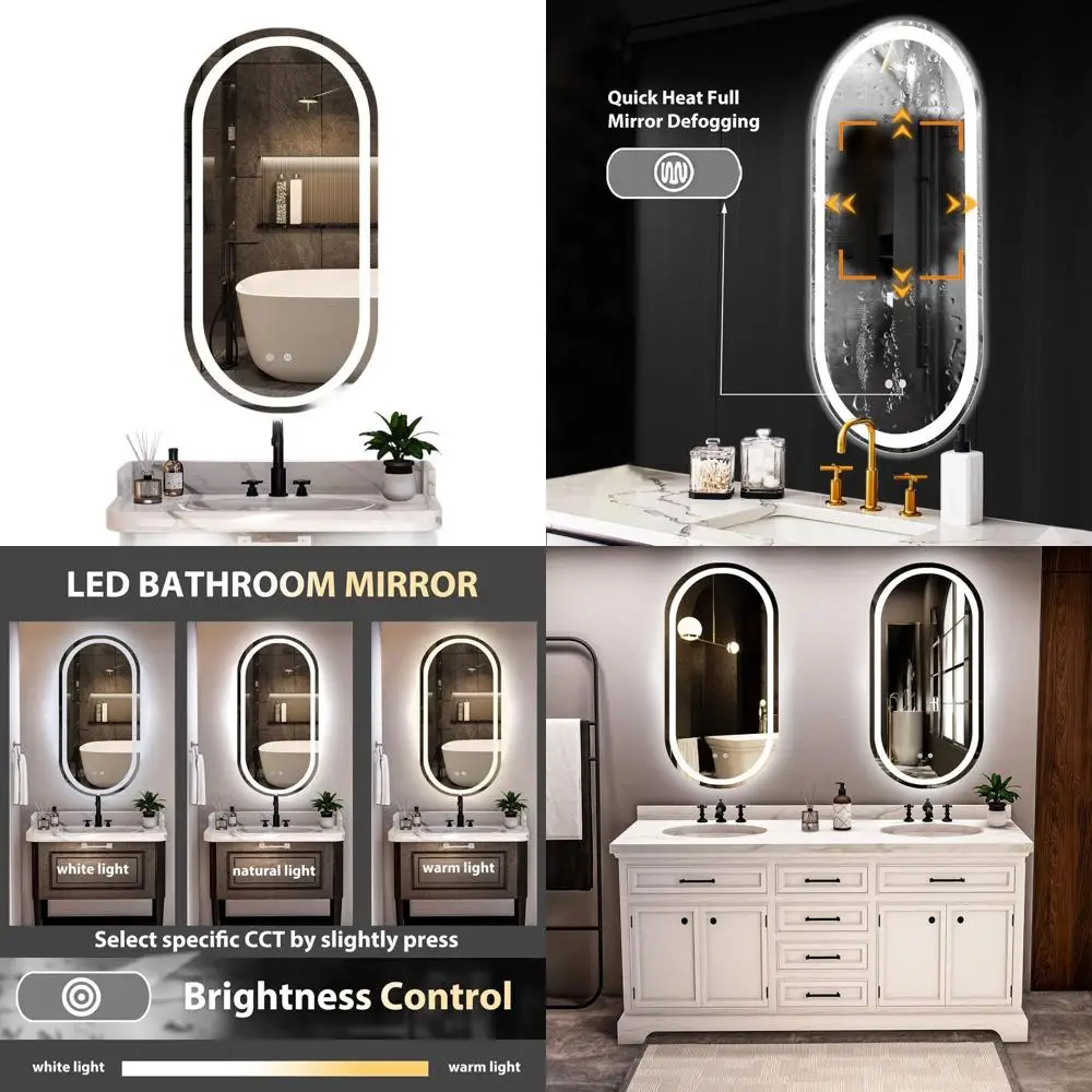 

Зеркало для ванной с LED-подсветкой и защитой от запотевания, 3 регулируемых цвета света, 16x32 дюйма, настенное, для горизонтального или вертикального монтажа