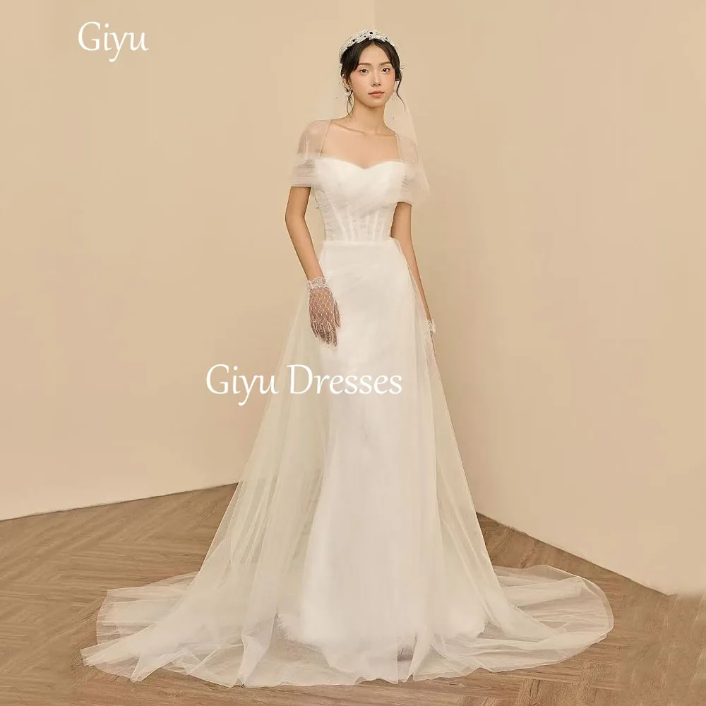 Giyu Simple White Removable Tulle Trailing Chiffon Wedding Dress Korean Wedding Sweet Off-the-shoulder Bridal Dress Customized