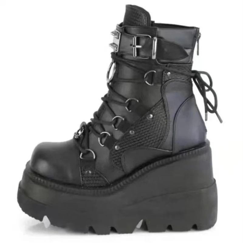 Buty damskie 2022 Jesienne buty damskie do kostki Platforma Kliny Wysokie obcasy Krótkie buty Nowa moda Design Zip Cosplay Buty damskie