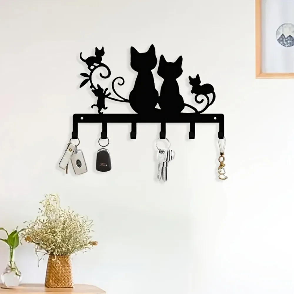 Black Cat Silhouette Wall Mounted Metal Key Holder Decor