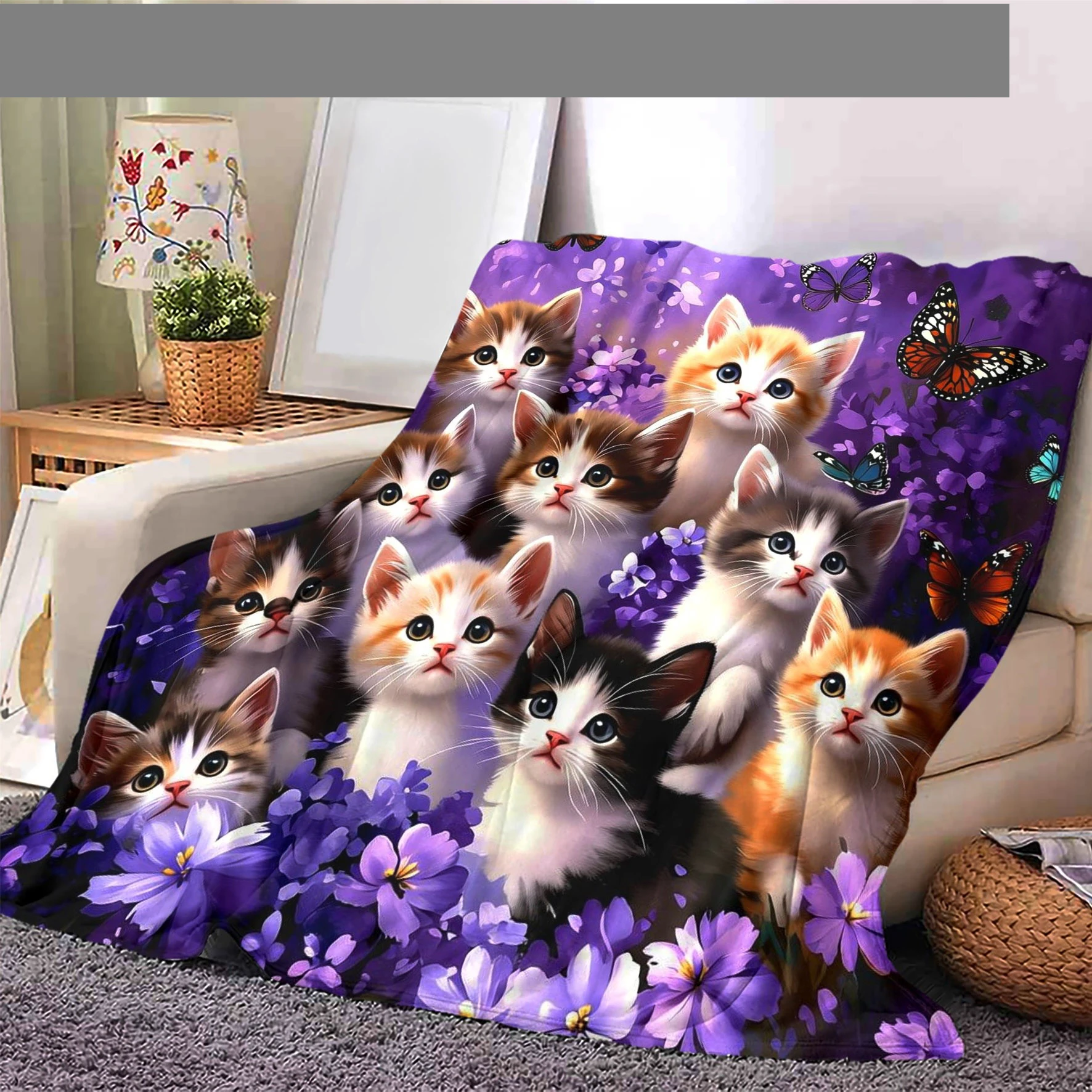Purple Base Multiple Cats Butterfly Floral Dreamy Playful Throw Blanket for Bedroom Cute Pet Print Blanket Accent