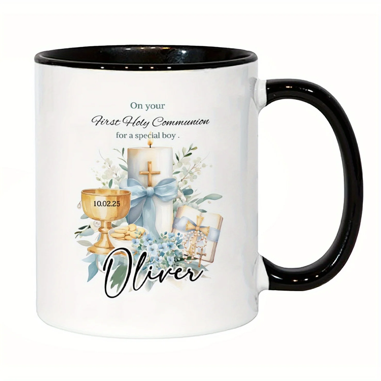 Personalized First Communion Ceramic Coffee Cup Custom Name Date Catholic Religious Mug Gift for Boy