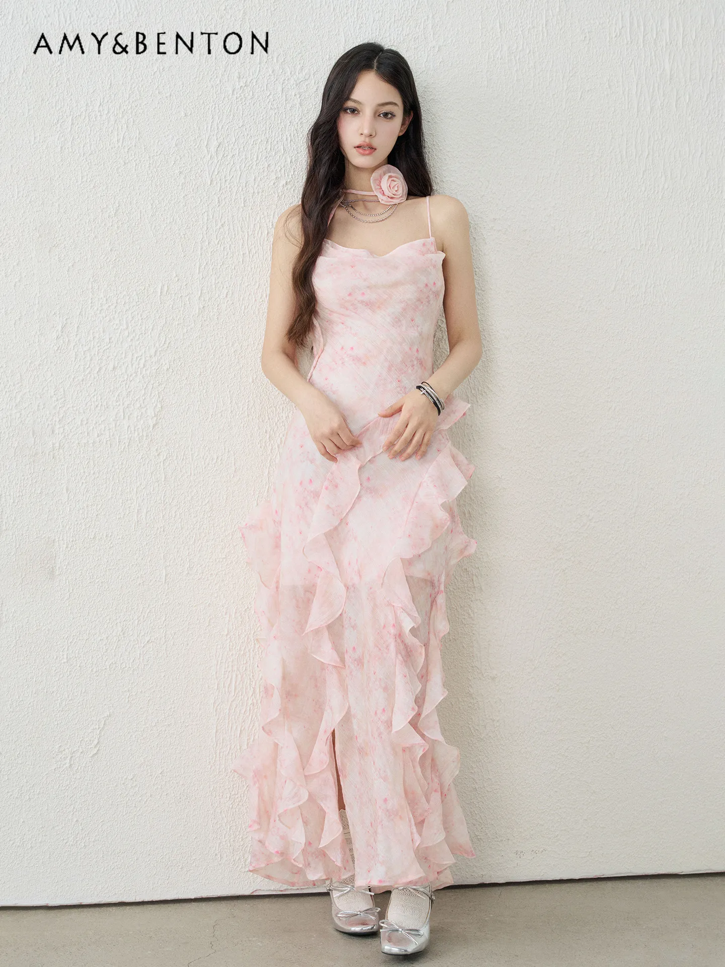 

2026 Summer New Pink Floral Decorative Ruffle Thin Maxi Dress Women Chiffon Beach Party Chiffon Long Strap Dress