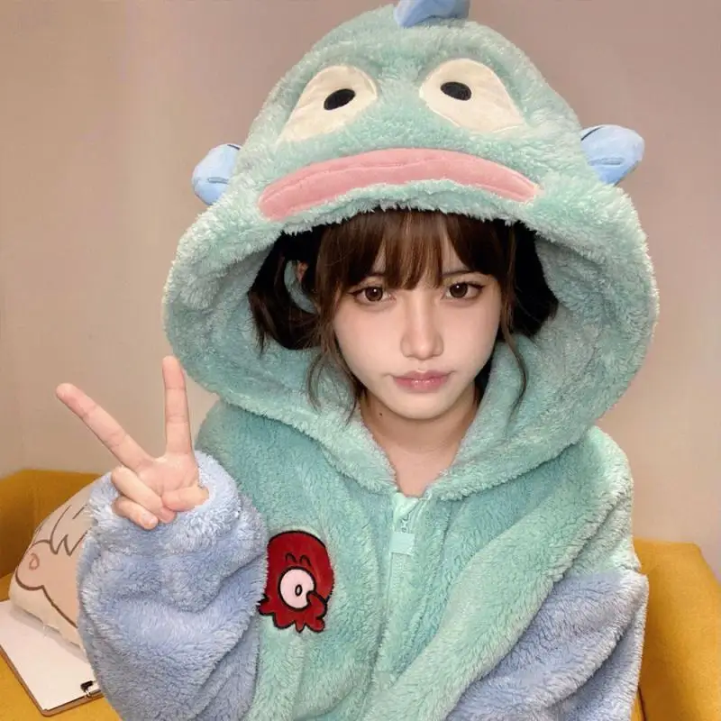 Cartoon Hangyodon Plush Siamese Pajamas Kawaii Hooded Jumpsuit Pajamas Sanrioed Anime Coral Velvet Homewear Thickened Nightgown