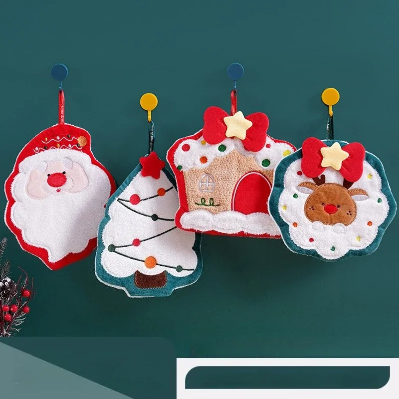 1/2/4Pcs Christmas Handtowel Elk Santa Tree Pattern Cleaning Cloth Plush Towel Set Absorbent Hanging Wipe Towel Set Xmas Decor