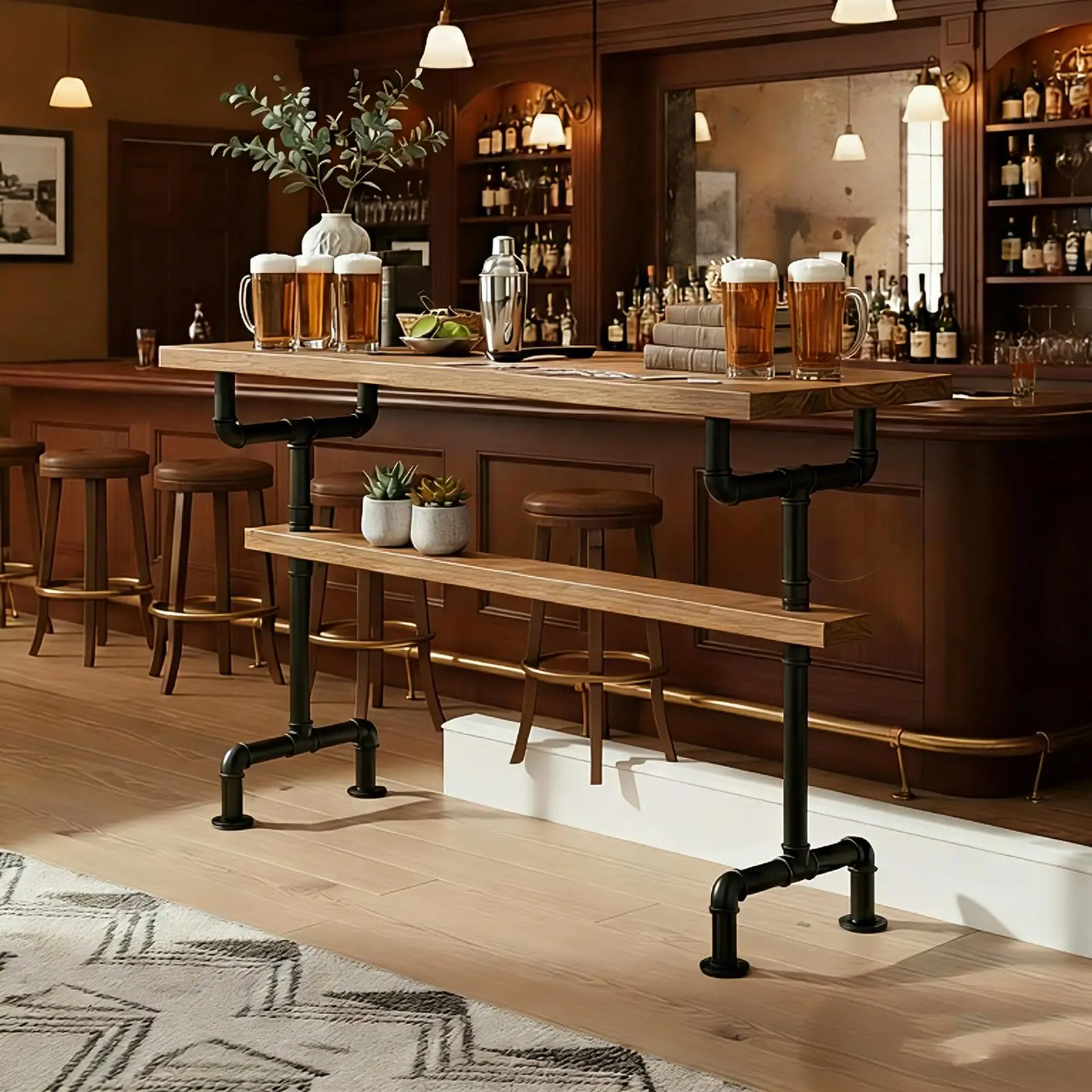 

Solid Wood Industrial Bar Table High Leg Rectangular Metal Frame For Home Bar Kitchen
