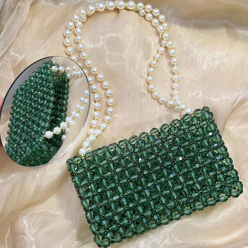 Borsa a mano verde con perline Borsa a spalla con catena di perle Borsa a tracolla casual di lusso fatta a mano con manico superiore Borse con perle