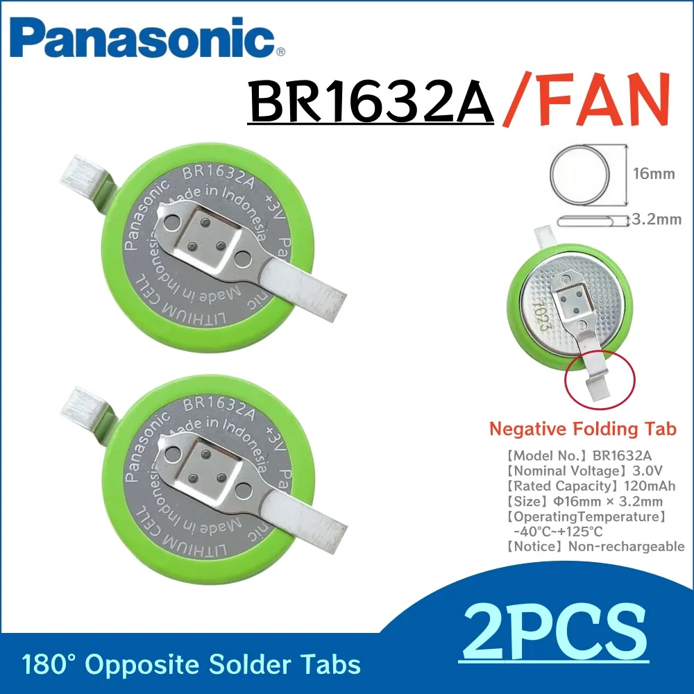 2-10Pcs Original Panasonic BR1632A/FAN 3V coin lithium battery with soldering pins, operating temperature -40°C to 125°C