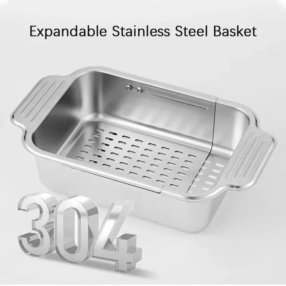 

Retractable Vegetables Drain Basket 304 Stainless Steel Thickened Kitchen Sink Rack with Handle Multipurpose Dish Drying Shelf