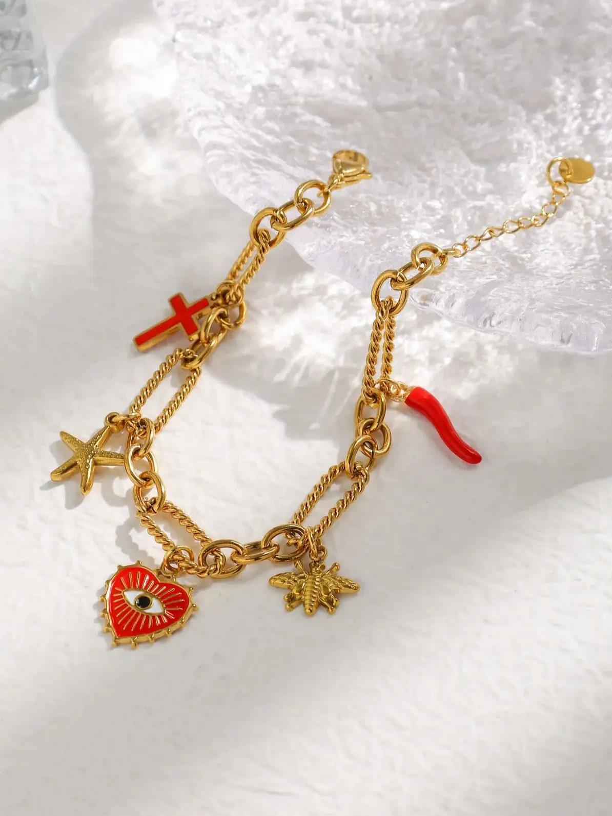 Stainless steel eyes, starfish, bee, cross, pepper charm thread stitching bracelet Women\'s vintage charm wrist jewelry party