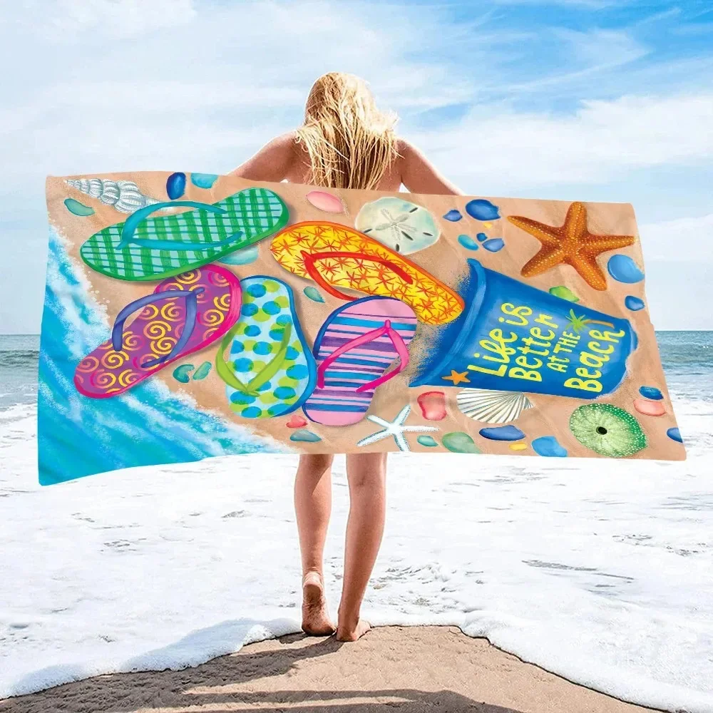 Summer Beach Slippers Printed Beach Bath Towel Microfiber Swimming Towels Oversized Super Absorbent Sand Free Thick Towels