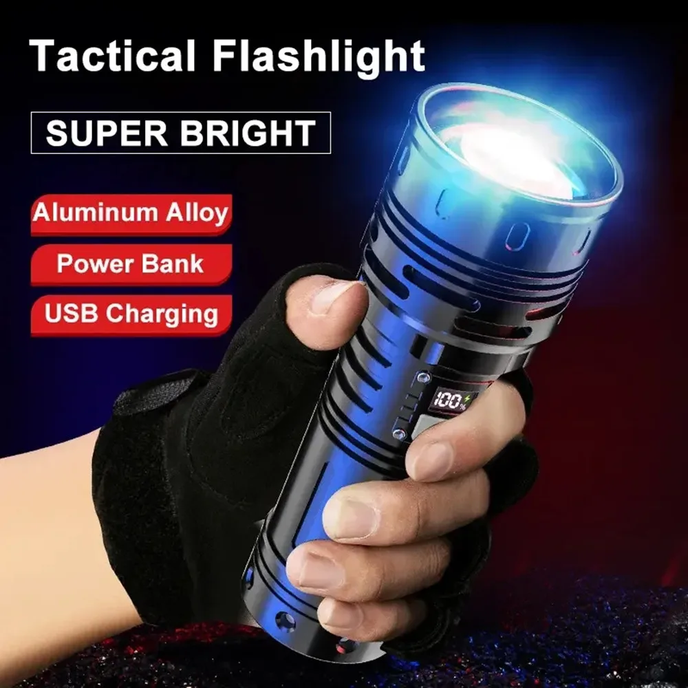 High Power LED Flashlight USB Rechargeable Tactical Torch Powerful Super Bright Lantern Zoom Aluminum Alloy Lamp 5 Modes Light