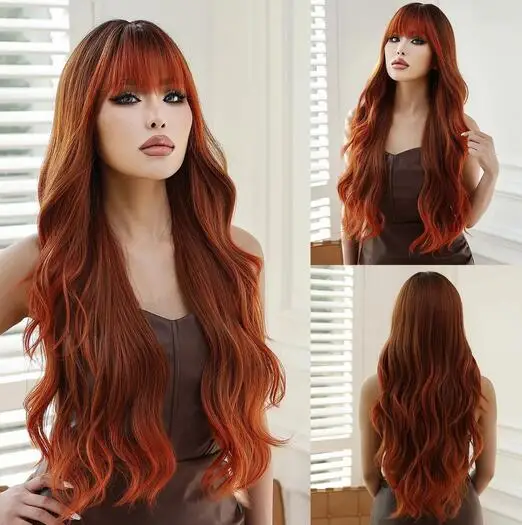 

Long Wavy Synthetic Wigs Red Brown Natural Hair Wig Cosplay Daily Use Wig for Women Heat Resistant Fake Hair