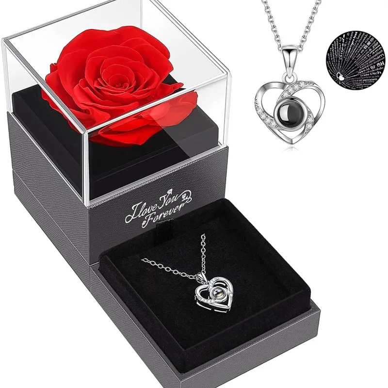 Red True Rose and I Love You Necklace Rose Gift Anniversary Valentine's Day Mother's Day Christmas Birthday Gift