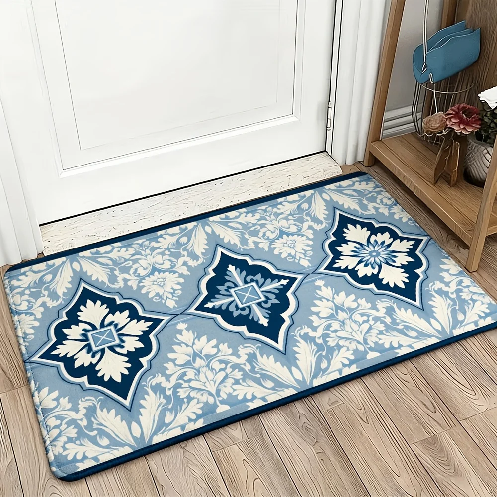 Cottage Blue White Floral Doormat Welcome Mat Home Decor Entryway Porch Rug Indoor Outdoor 40x60cm
