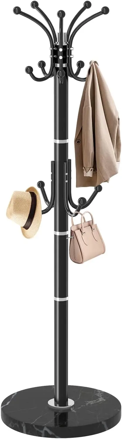 

EZIVIEZ Modern Coat Rack Stand, 360° Rotary Metal Freestanding Coat Rack with Natural Marble Base, Black Coat Racks and