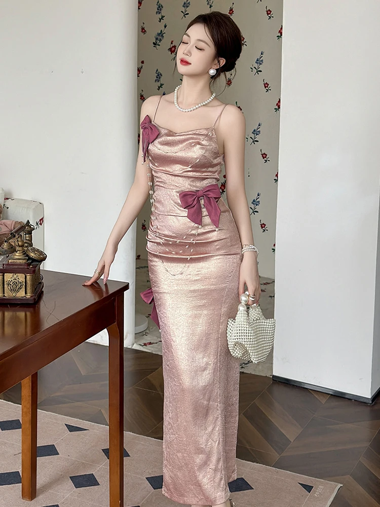 Lindo doce vestido de noite feminino elegante bonito arco rosa cetim pérola corrente cinta fenda maxi robe festa baile noite fora vestidos