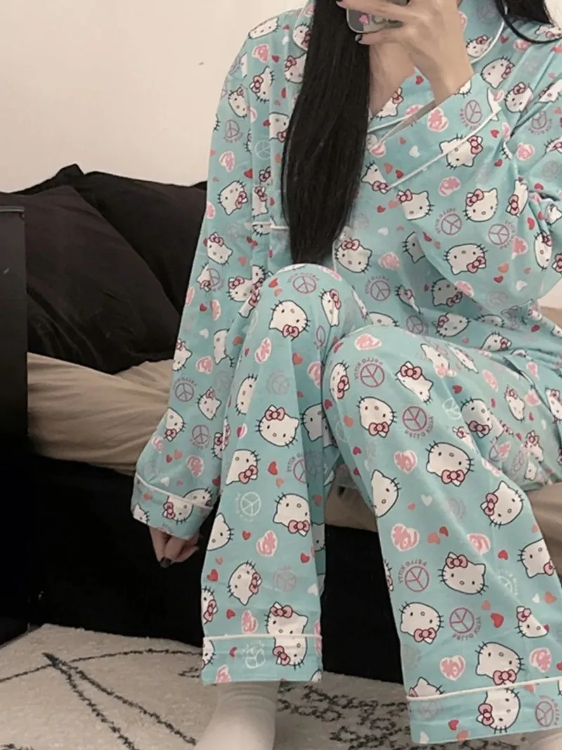 السماء الزرقاء سينامورول منامة النساء ربيع الخريف جديد لطيف الكرتون ملابس المنزل قطعتين مجموعة ملابس خاصة النساء Kawaii الملابس