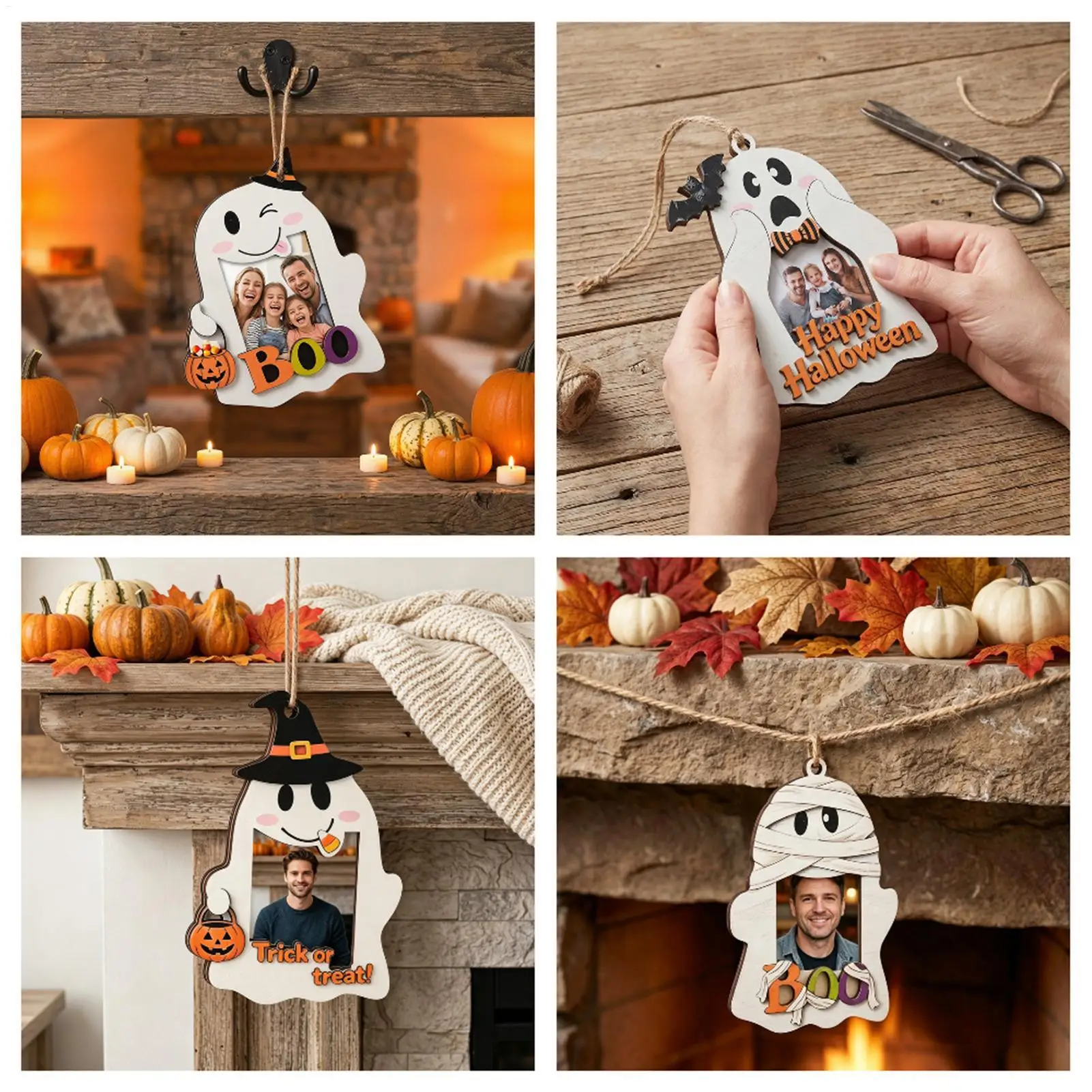 Ghost Picture Frame 5 Pieces Wood Halloween Decor Hangable Photo Frame Ornament For Homeowners Renters Home Office Dorm Living