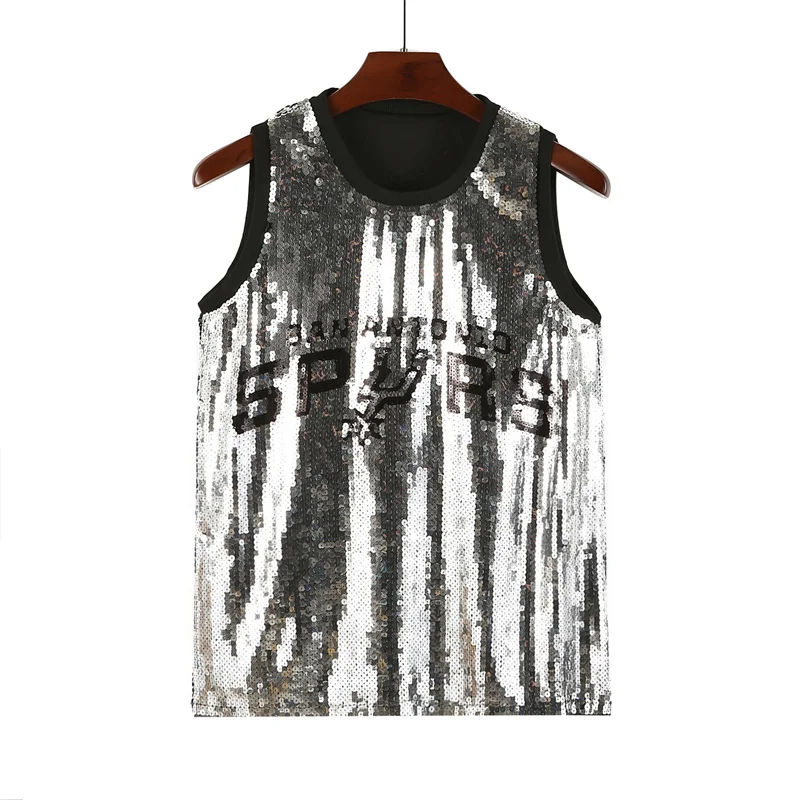 

Summer New Sequined Digit Letter Geometry T-Shirt Loose Hip Hop Sleeveless Straight Fashion Streetwear Women's Wear