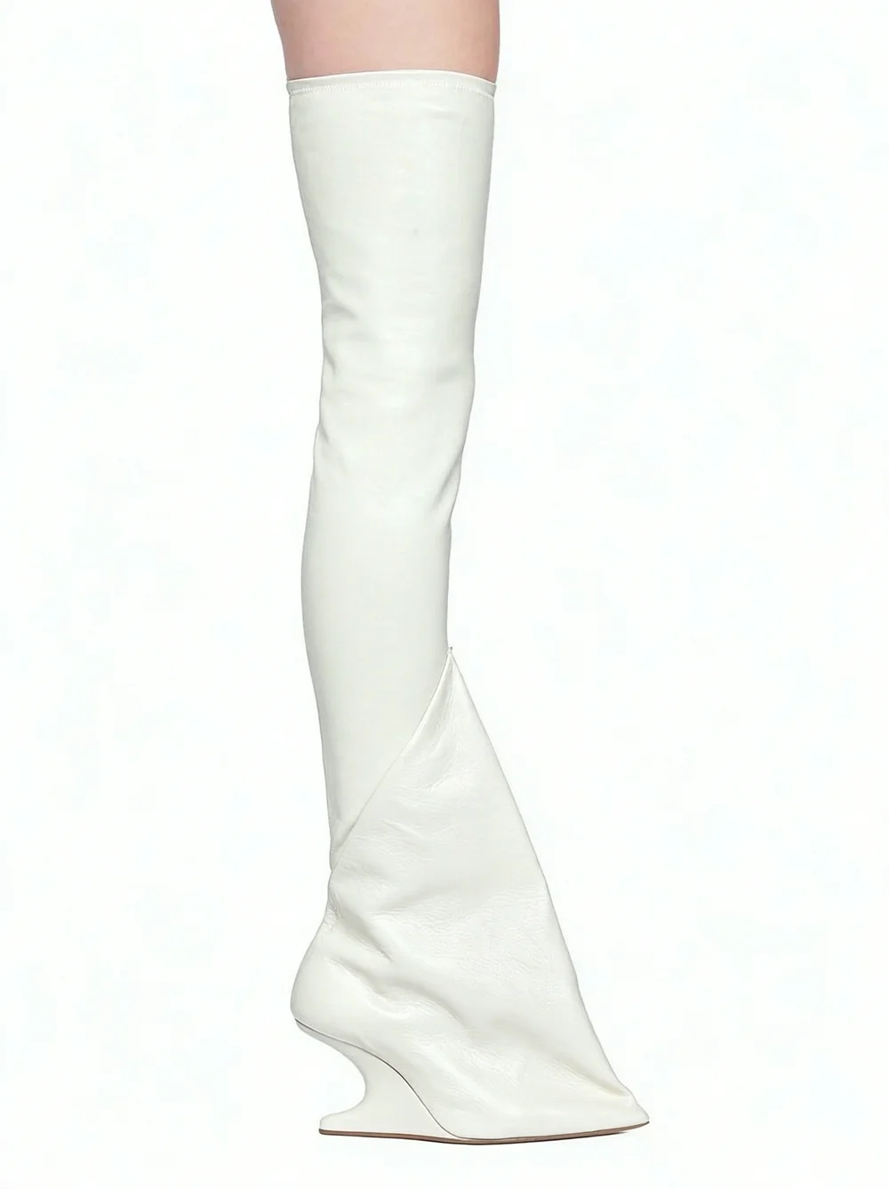 Avant Garde Style Ladies Stretch Leather Thigh High Over Knee Boots Pointed Toe Unique Heel Tall Boots for Fashion Show