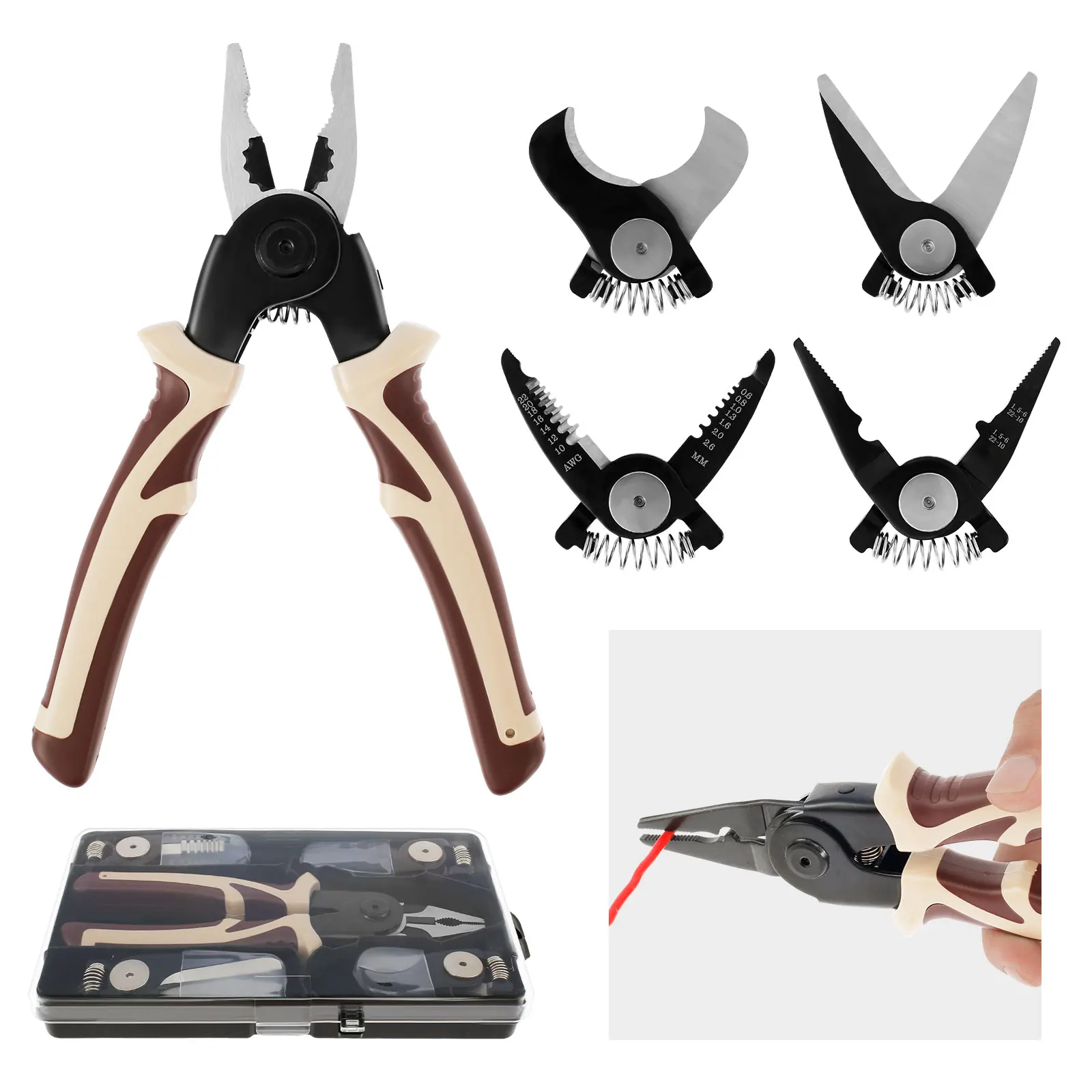 5 in 1 Multifunctional Plier Set with 5 Interchangeable Plier Head Tool Steel Multipurpose Plier Tool Kit with Wire Stripper Cab