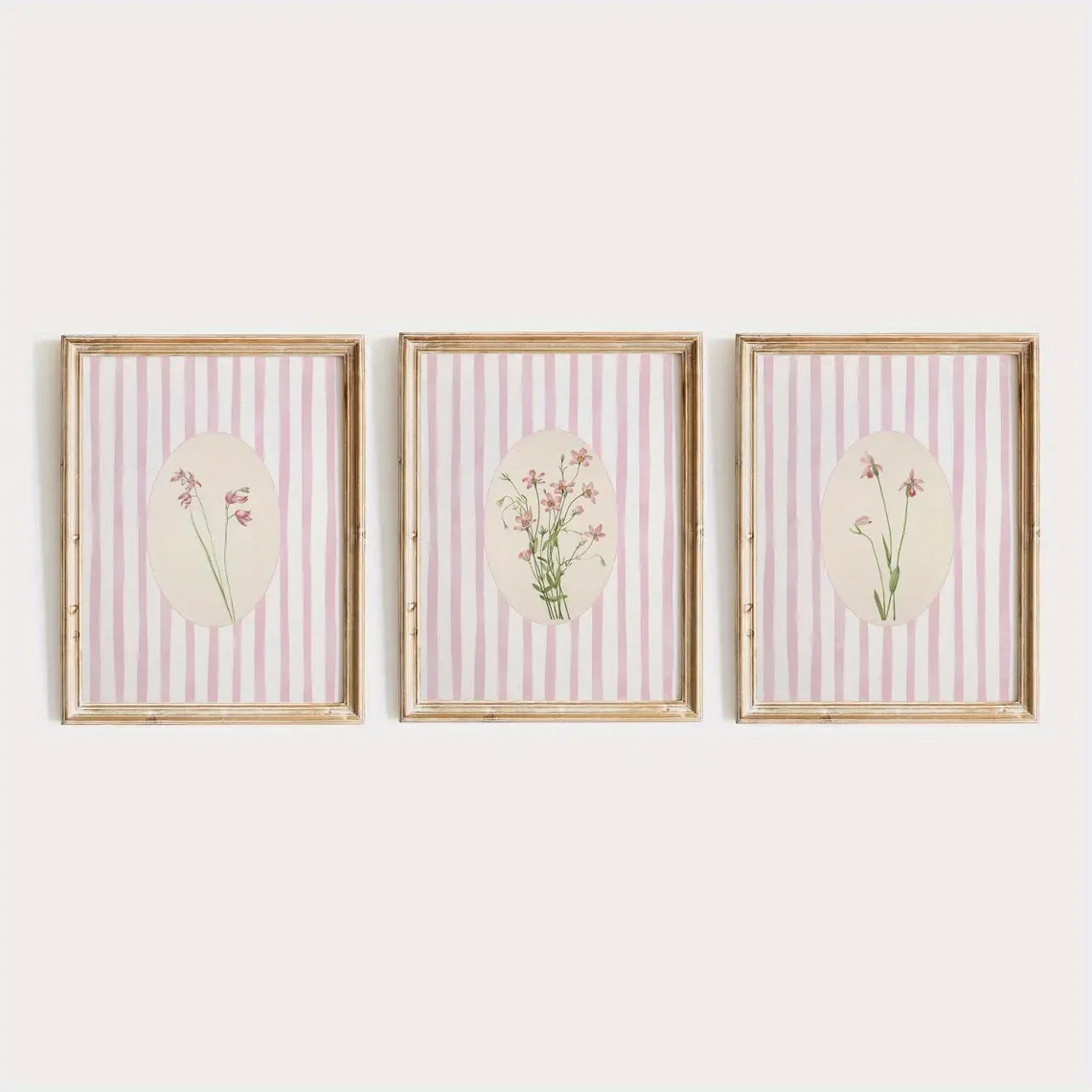 Rahmenlos, 3 Stück, Wandkunst, Vintage-Poster, rosa gestreifte Blumenkunstdrucke, 3er-Set, Cottagecore Botanical Prints, hellrosa Gra
