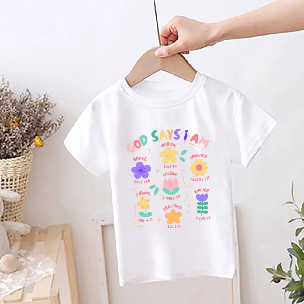 God Says I Am Brave Worthy Created Chosed Strong Enough Beautiful Print Girls Shirt Kids Summer T-shirt Child Short Sleeve Tops