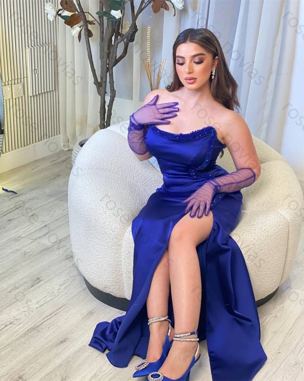 High Quality Customized Eleagnt Strapless Slit Meramaid Sequin Party Dress Floor Length Off the Shoulder Formal Evening Gowns