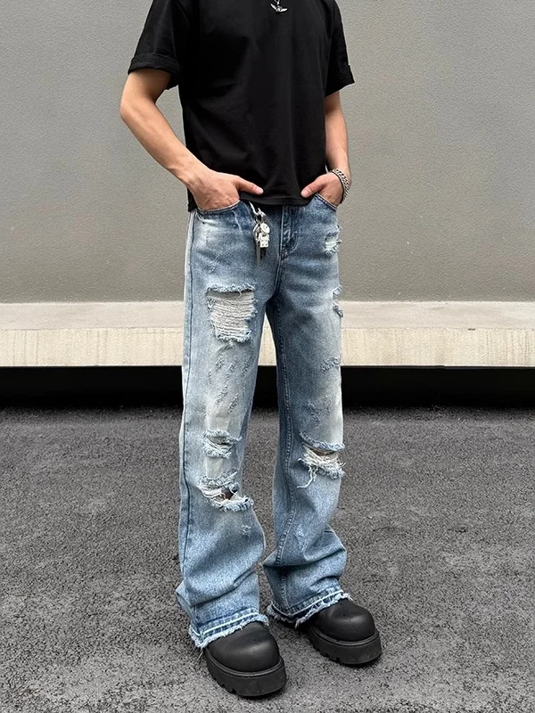 Cleanfit High Street Blue Washed Men's Jeans Summer Trend Straight Leg Slimming Flared Pants Cuffed Breathable Cotton Polyester