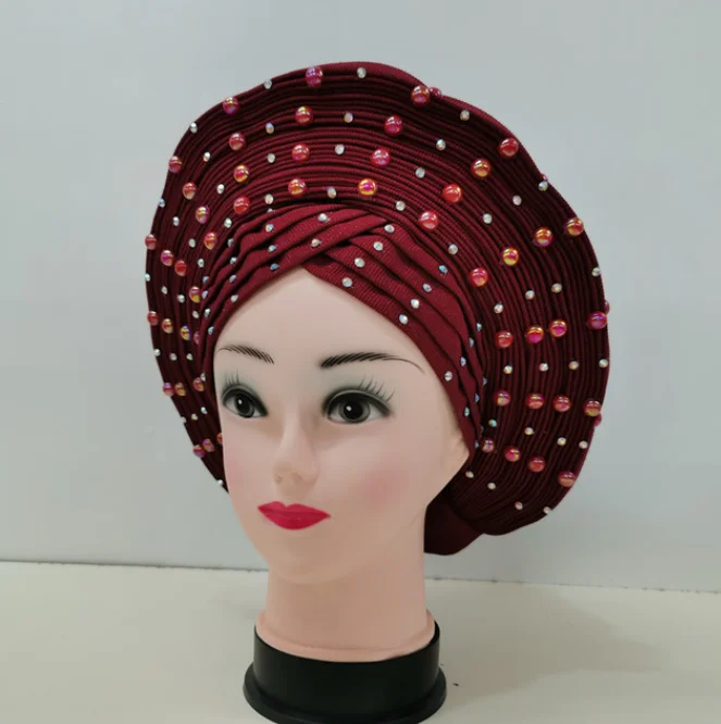 auto gele already made headtie bonnet nigerian aso oke with beads&stones turban femme head wrap african headtie for party