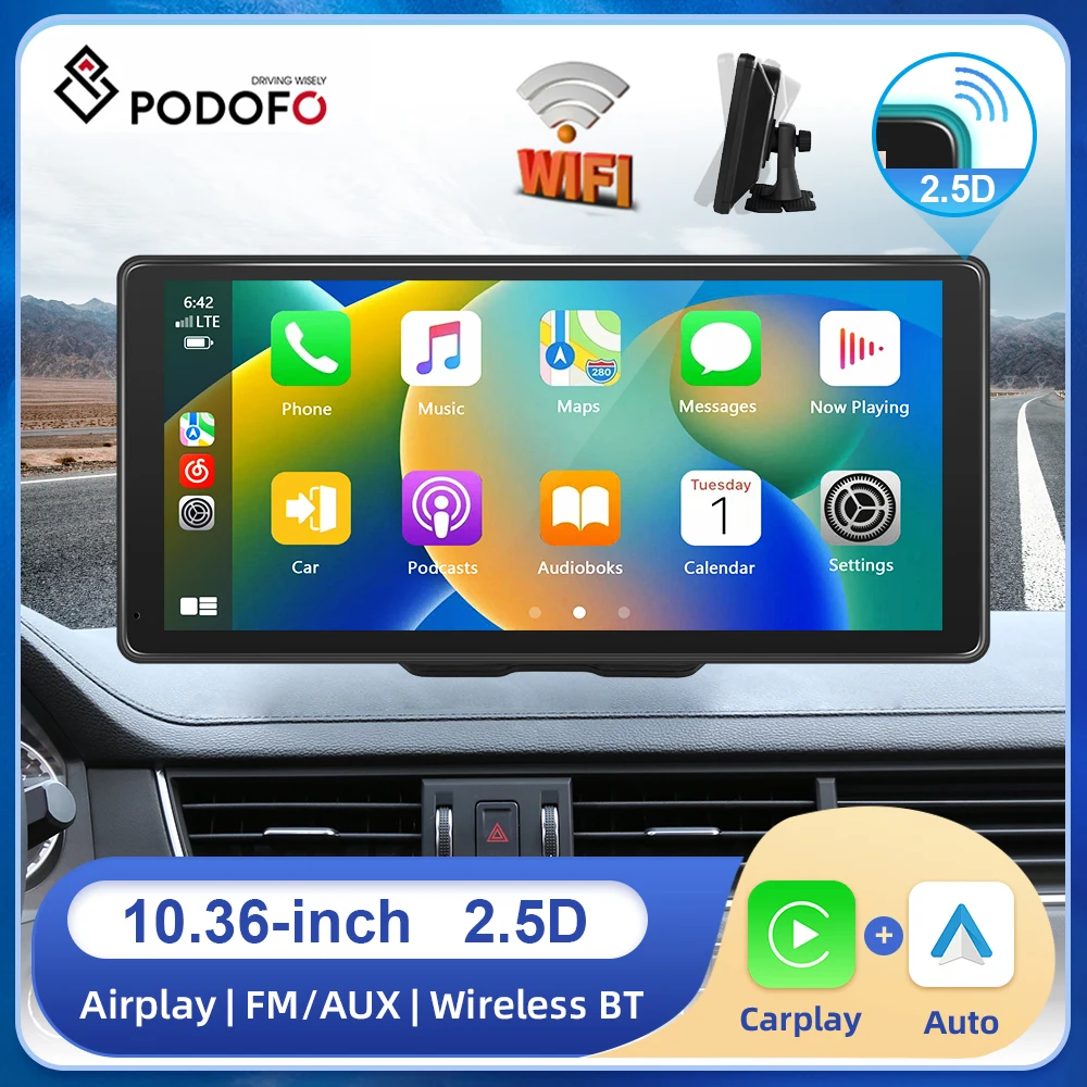 Podofo 10.36Inch Universal Carplay Monitor Android Auto Screen Smart Player With Voice Control FM Bluetooth Support Rear Cam TF