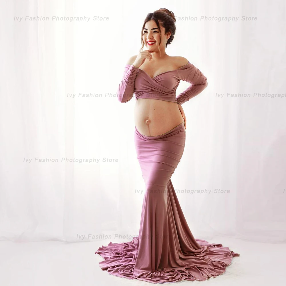 Maternity Photography Props Stretch Cotton Two Piece Floor Long Skirt Women Pregnancy Clothes Pregnant Photo Shoot Clothing