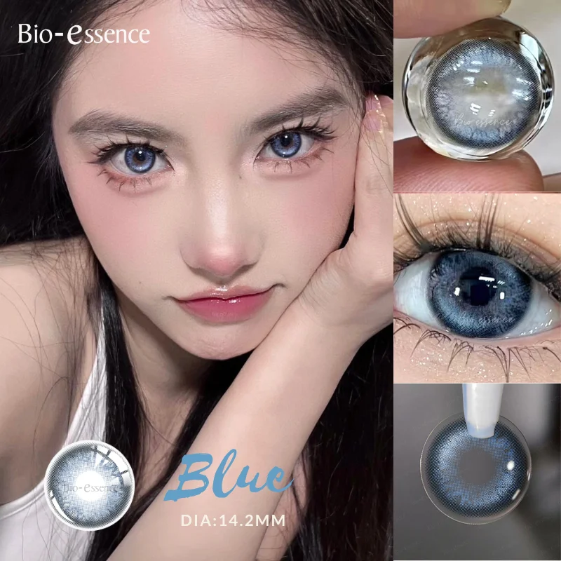 Bio-essence 2Pcs Natural Colored Contacts Lens with Prescription Korean Blue Pupils Yearly Use Big Eyes Soft Pupils for Eyes