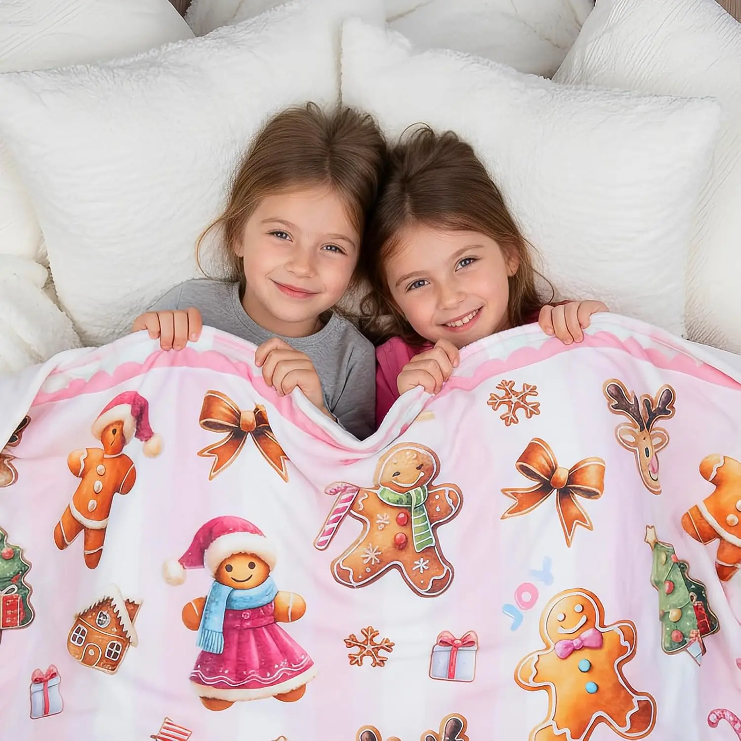 New in 2026Christmas Gingerbread Blanket Gift for Kids Women Girls Cute Pink Xmas Decorations Bedroom Living Room Home Cozy Flannel Throws Presents Kids Birthday 50