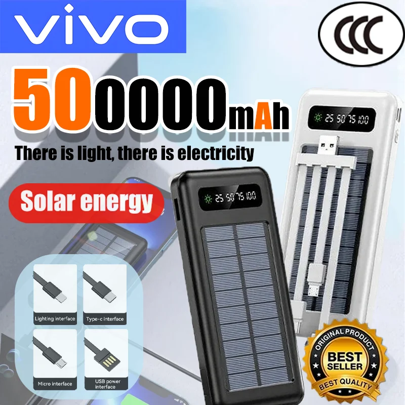 VIVO بنك الطاقة الشمسية 100000mah سعة كبيرة طاقة متنقلة شحن سريع بطارية مزدوجة USB 4 كابلات آيفون هواوي