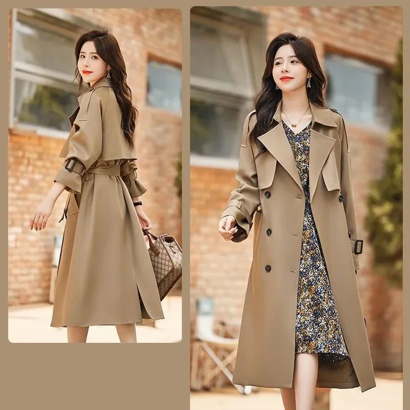 Spitze-Up Windjacke Weibliche Oberbekleidung 2025, Herbst Frühling Jacke Frauen Zweireiher Solide Tops Futter Lange Trenchcoat Mujer