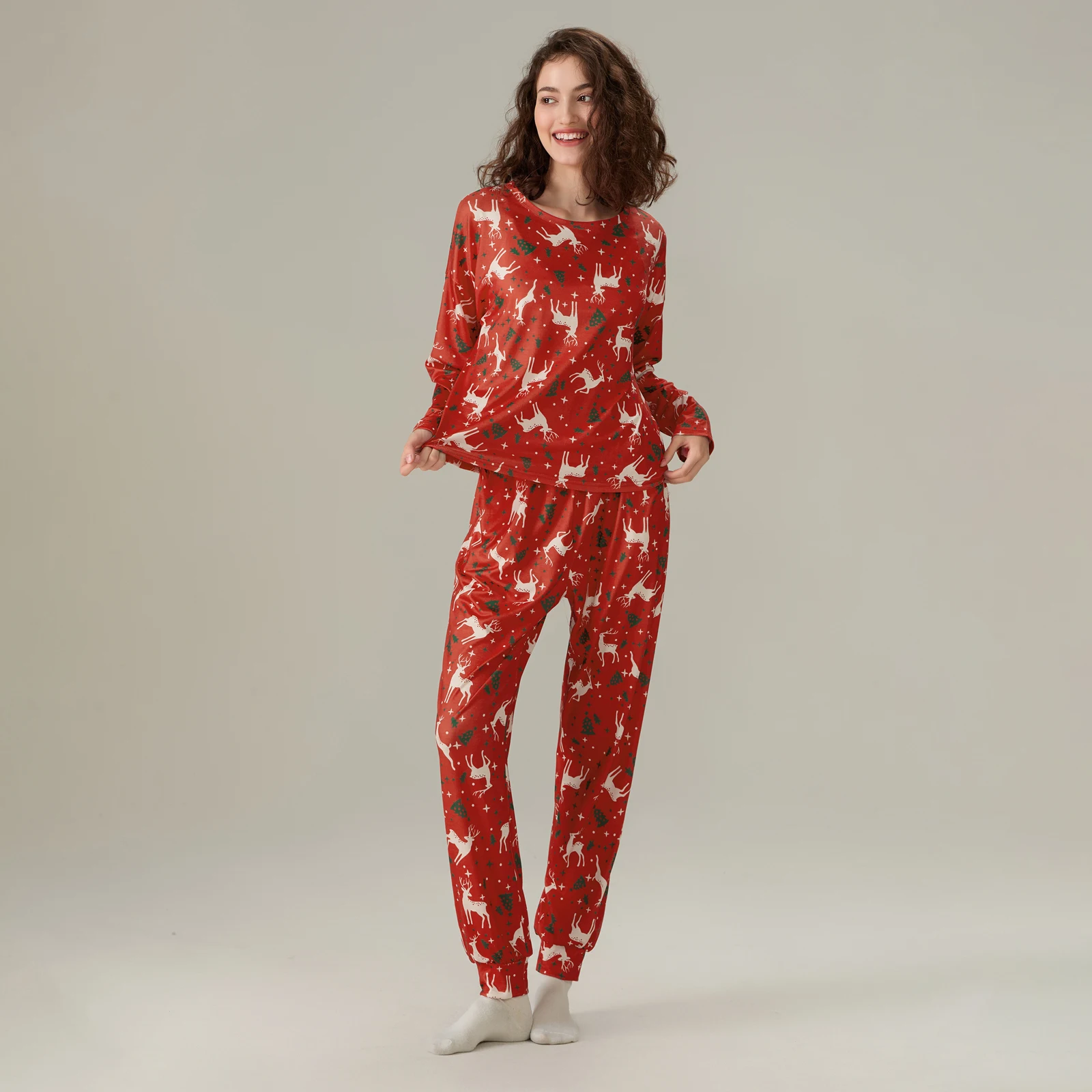 Christmas Pajamas Set for Women Autumn Winter Candy Cane/Elk Print Loungewear Long Sleeves Shirt+Elastic Pants Soft Sleepwear