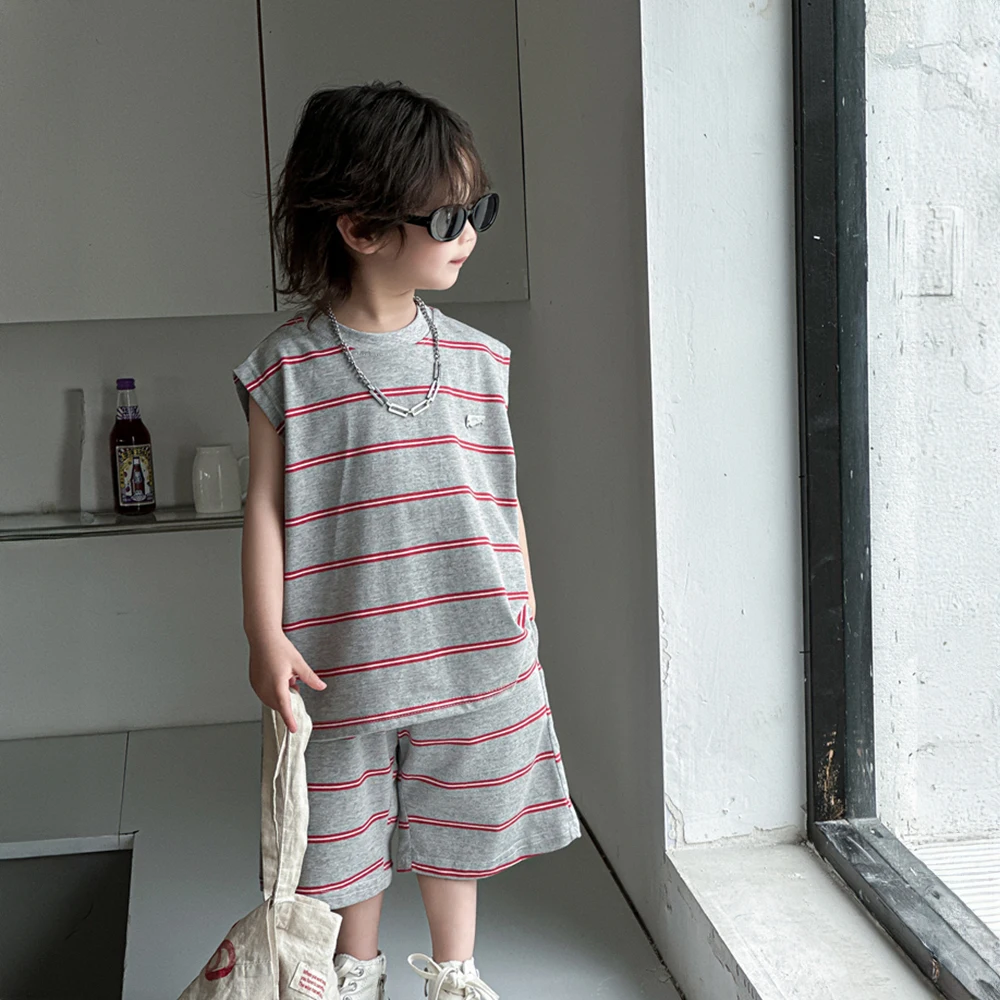 Chaleco de verano para niños, traje a rayas fino, versión coreana, ropa de moda, novedad de 2024