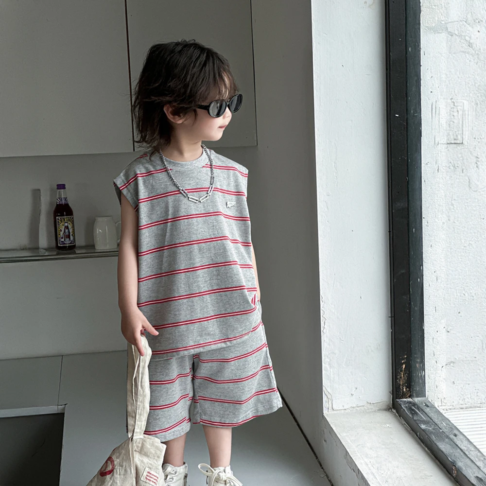 Children's summer 2024 new vest shorts thin boy's striped suit Korean version of the fashionable children's summer clothes