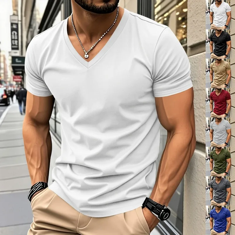 Summer Clothes Short Sleeve T-shirt V Neck Lightweight Solid Color Casual Top Cotton Blend Loose Fit Olive Green Navy Blue