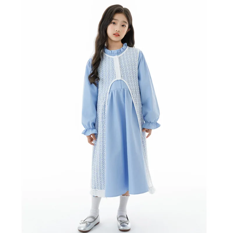 

Осенние платья для подростков с длинными рукавами, новинка 2025 года, школьное платье для девочек-подростков с кружевом, длинный жилет, костюмы из 2 предметов, детская одежда