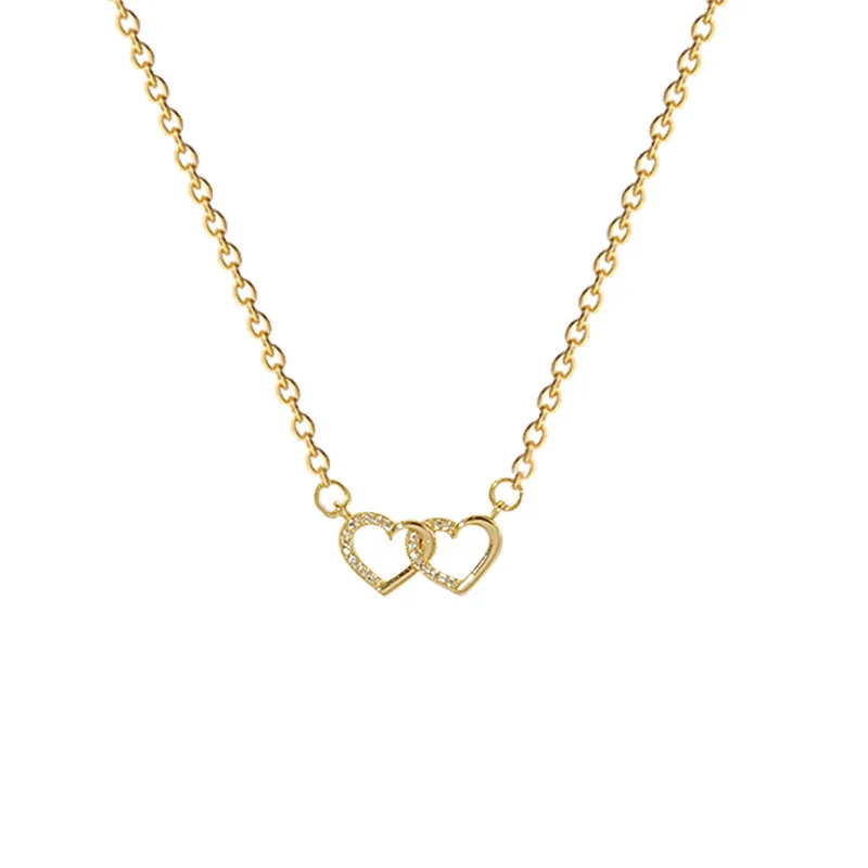 Stainless Steel Chain Gold Color Romantic Zircon Double Heart Pendant Necklaces for Women Girls Delicate Accessories Gifts