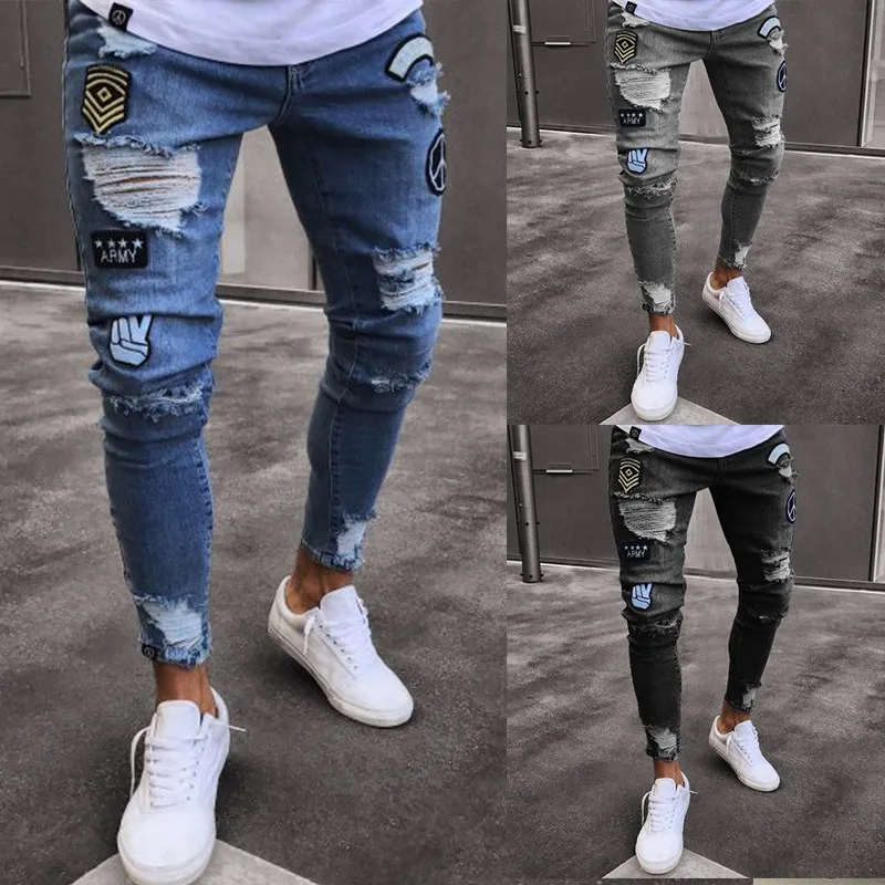 

Small Foot Badge Jeans for Mens Trendy Knee Tears Zipper Small Foot Tears New Denim Pants for Men