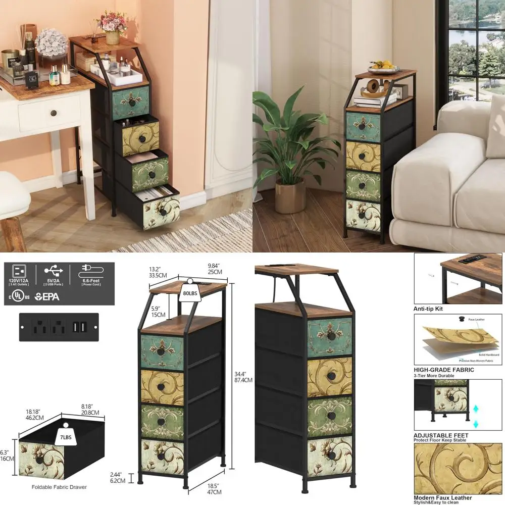 

Vertical Slim Chest of Drawers with Charging Station, 4-Drawer Tall Skinny Storage Tower for Small Spaces, Ideal for Bedroom or