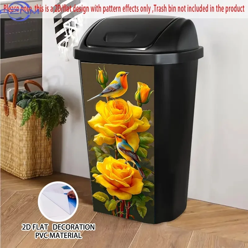 1pc of 2D Flat Bird Stickers on Yellow Roses, Self-Adhesive for Dustbins. These PVC Decorative Stickers Are Suitable for Trash