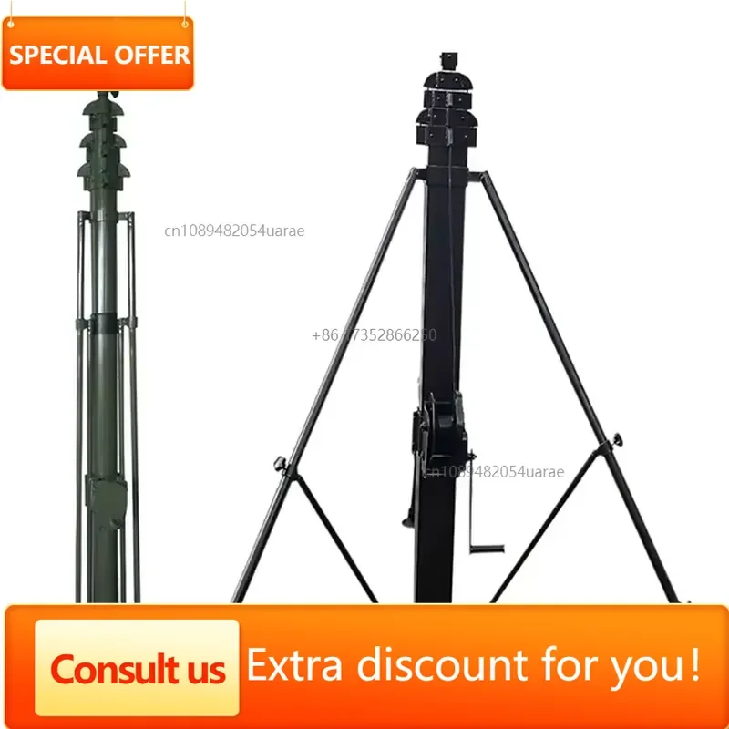 12M Tripod Mounted Retractable Lifting Tube With Manual Hand Crank Winch Outdoor Signal Support Lifting Equipment